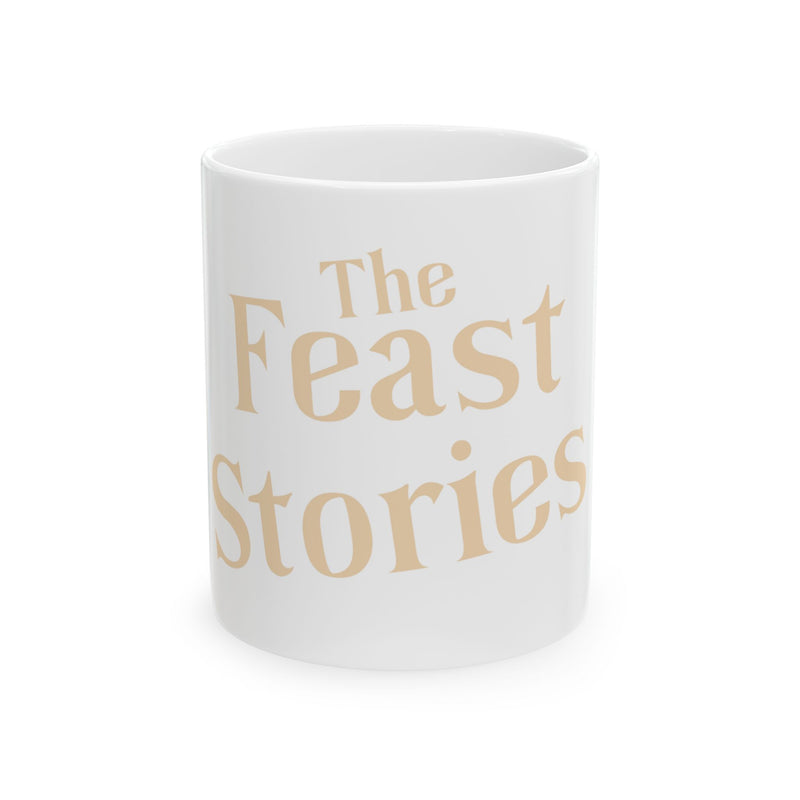 The Feast Stories Ceramic Mug — Pale Gold Lettering Coffee Cup (11oz, 15oz) - Akram